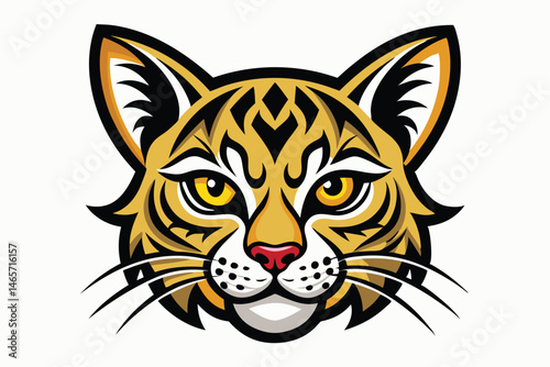 Stylized bobcat face shows bold black stripes and fierce yellow eyes looking forward