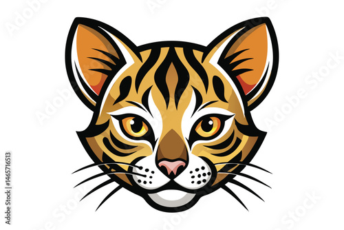 Cartoon bobcat head with golden eyes and black stripes looks intensely at the viewer