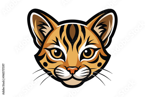 Striking golden serval face showcases bold black markings and piercing yellow eyes elegantly depicted