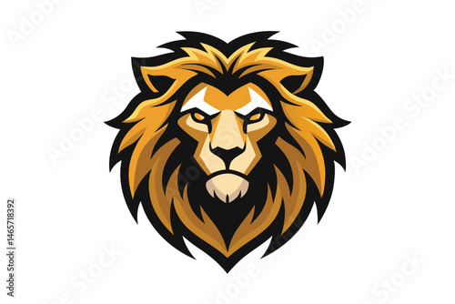 Golden lion head sports mascot emblem with sharp features looks powerful and strong