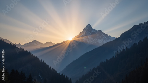 Sunrays falling on peaks of Mount Shivling during sunrise from Bhojbasa. Shivling with an elevation of 6543m  is a mountain in the Gangotri Group of the Garhwal Himalayas at Uttarakhand, India.