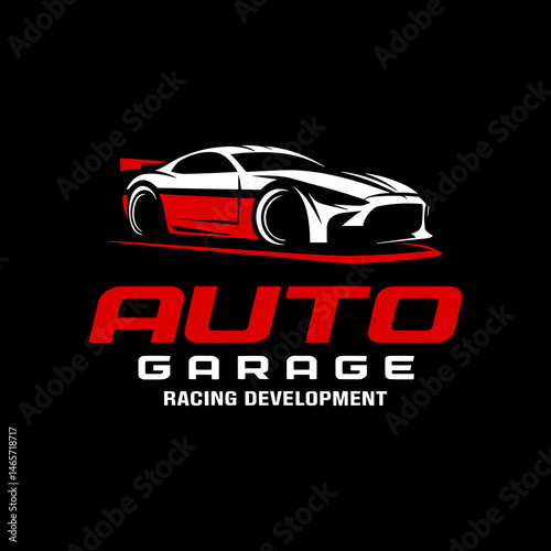 Red and White Sports Car Logo for Auto Garage Racing Development on Black Background