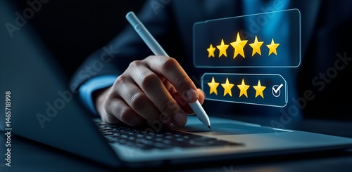 Digital Customer Review: A close-up shot of a hand selecting the final star on a rating, digital concept, reflecting the act of providing feedback and customer satisfaction.