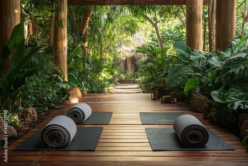 Outdoor yoga deck in tropical garden with wooden floor and relaxing ambiance