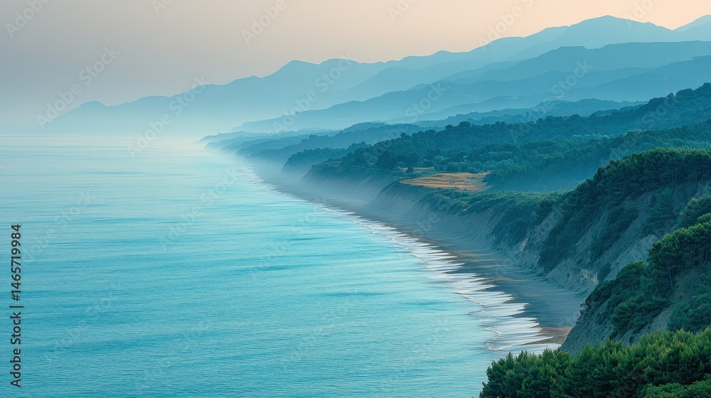 Fototapeta premium Misty coastal landscape with turquoise water and layered mountains. Lush greenery meets the ocean