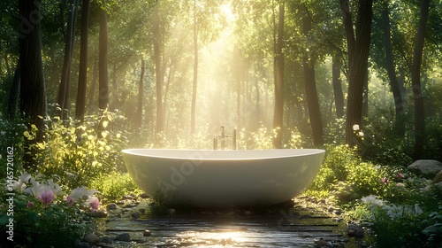森の奥深く、光に包まれる神秘的な白いバスタブ