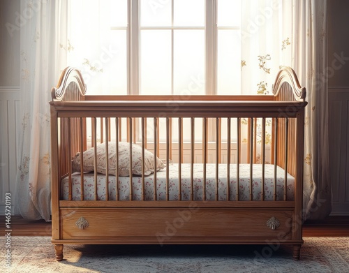 Sunlit wooden baby crib with floral bedding positioned in front of a large window with sheer curtains in a cozy nursery room
