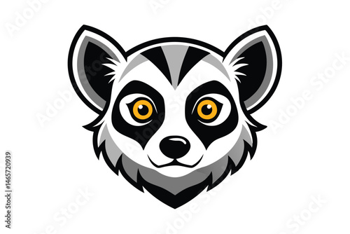 Stylized lemur face features bold lines and striking yellow eyes on a white backdrop