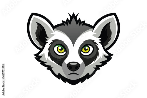 lemur head with piercing yellow eyes gazes directly forward on a white background