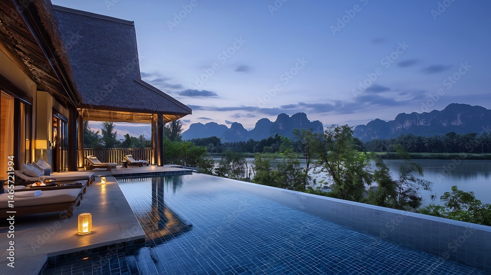 Fototapeta premium Infinity edge pool luxury resort terrace overlooking mountain range at dawn cinematic peace