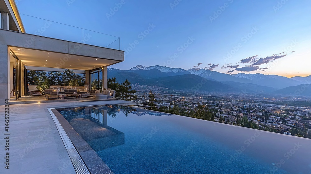 Fototapeta premium Infinity edge pool luxury resort terrace overlooking mountain range at dawn cinematic peace