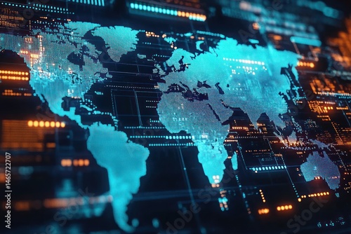 Digital rendering of a world map with glowing blue continents and orange data points on a black grid background showcasing global digital connectivity