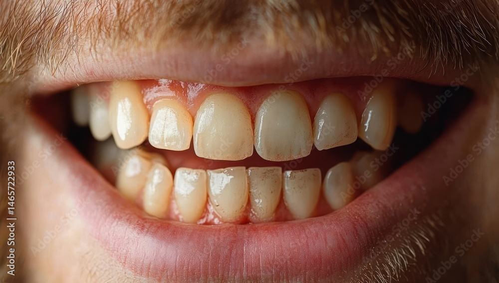 Fototapeta premium Close-up of a person's mouth showing natural teeth with slight discoloration and visible gums, smiling gently