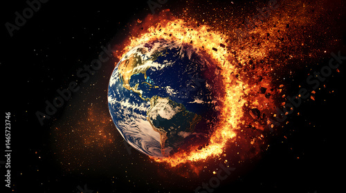 Fototapeta Naklejka Na Ścianę i Meble -  Burning and freezing planet earth in space. [Celestial Ruins] | Cosmic Debris | space ruin. Illustration