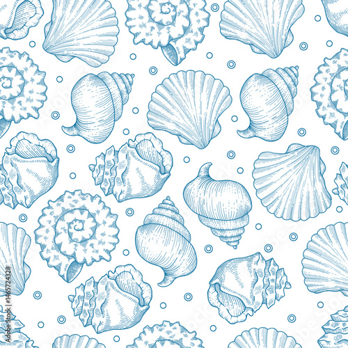 Toile de jouy seashells pattern. Colorful seamless shells and starfish pattern. Perfect for greetings, invitations, manufacture wrapping paper, textile and web design. Vector ocean pattern
