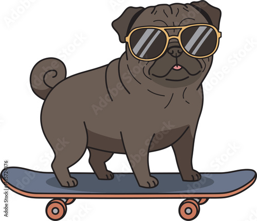Pug on Skateboard with Sunglasses Illustration
