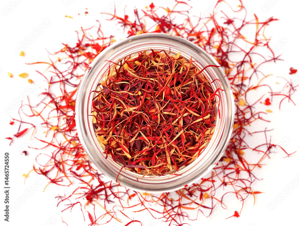 Fototapeta premium Premium Saffron Threads Isolated on White Background – High Detail Macro Shot