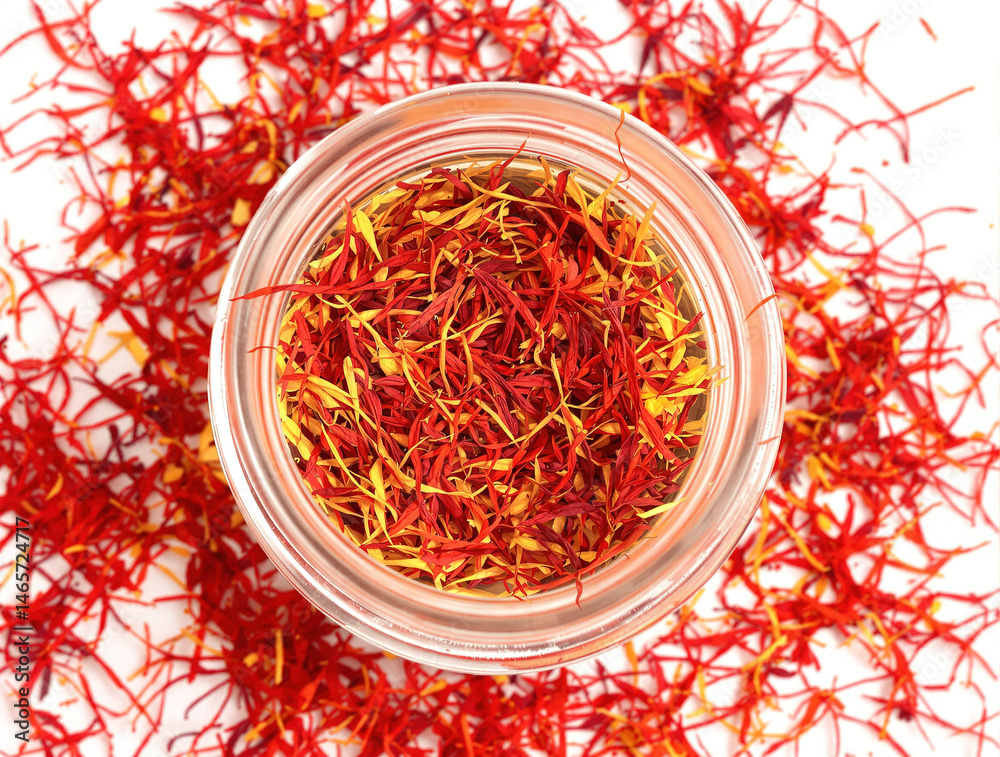 Fototapeta premium Premium Saffron Threads Isolated on White Background – High Detail Macro Shot