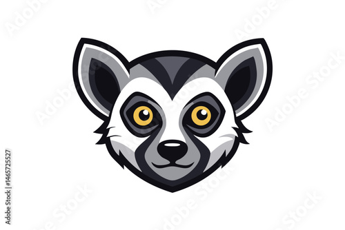 Isolated stylized lemur head displays a monochrome palette with bright yellow eyes looking forward