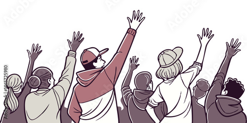 Crowd of people raising hands in celebration or support on a yellow background