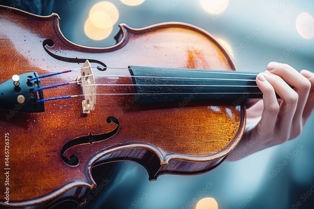 Fototapeta premium Close-up of a hand playing a wooden violin with glowing lights blurred in the background, creating a warm and artistic ambiance
