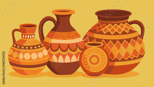 A set of intricately designed clay jugs known as ollas demonstrate the various shapes and sizes used for storing and cooking liquids in different regions of Latin America.. Vector illustration