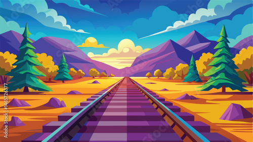 Stylized landscape depicting train tracks leading towards mountains and sky in vibrant colors