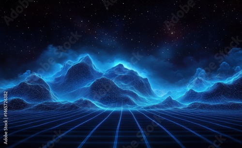 Futuristic neon blue wireframe mountain range under a starry night sky with glowing clouds and a grid ground creating a digital landscape