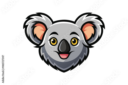 A cartoonstyle koala with cute yellow eyes happily smiles at the viewer with its pink tongue