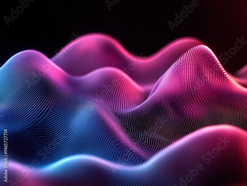 Abstract futuristic undulating waveforms in neon blue and pink glowing lines on a black background conveying a sense of fluidity and motion