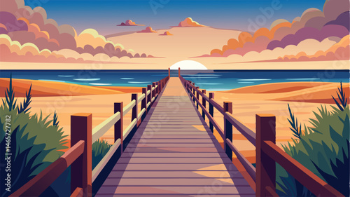 Coastal sunset illustration featuring a wooden pier reaching towards the horizon