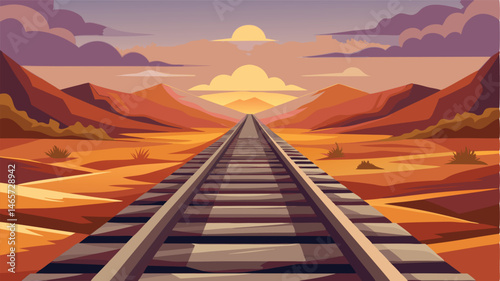 Scenic landscape depicting railway tracks journeying through desert with sunset sky