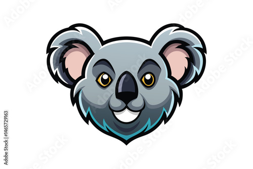 Cheerful koala character with yellow eyes and white teeth happily looks forward directly