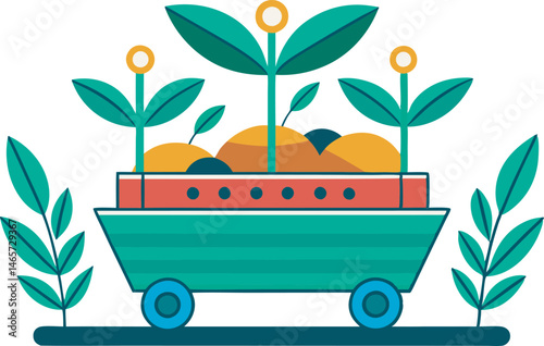 A detailed seed planter vector art illustration featuring farming equipment sowing seeds in neat rows, perfect for agricultural and rural-themed designs.