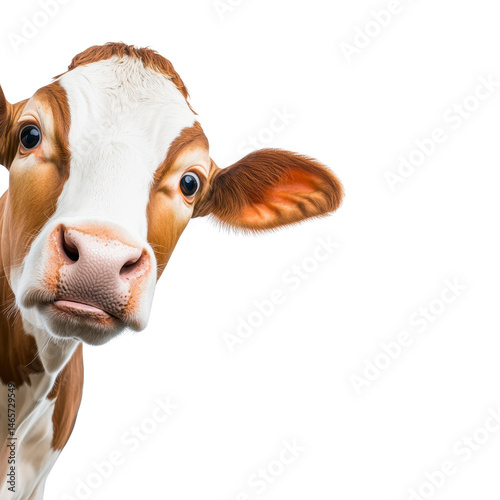 Curious cow with white and brown coat looks directly at camera, showcasing its large ears and gentle expression. background is plain, emphasizing cow features