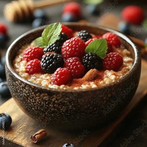 Delicious Oatmeal with Fresh Berries in a Rustic Bowl