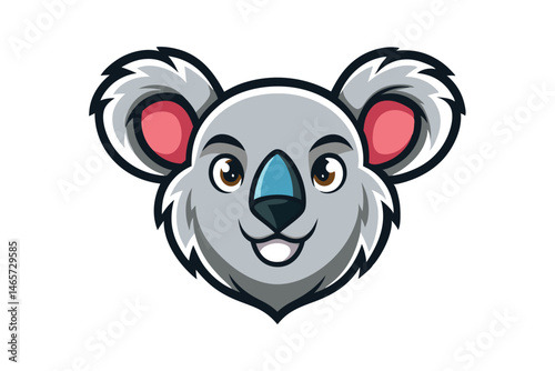Cute smiling koala face with brown eyes and a bluish nose appears cheerfully