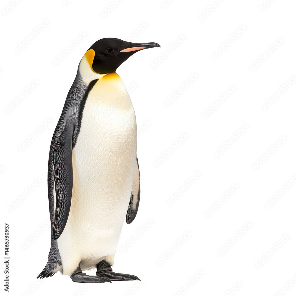 Fototapeta premium Majestic emperor penguin stands upright, showcasing its distinctive black and white plumage with hint of yellow its neck. penguin sleek body and flippers are adapted for swimming cold Antarctic