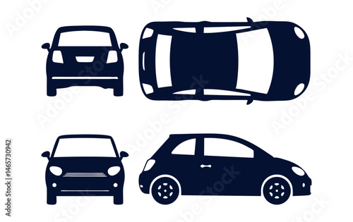 Car vector illustration with four detailed views: front, back, left side, and top. Perfect for automotive graphic design, mockups, vehicle apps, maps, or technical illustrations.