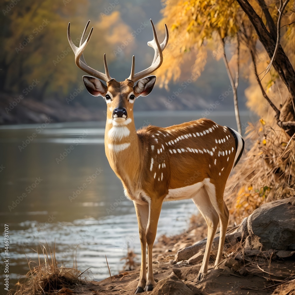 Fototapeta premium Potrait of Chital having a good photo shoot near a river during fall AI Generated Image