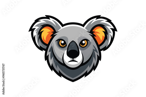 Detailed cartoon headshot reveals a gray koala with golden eyes and ears