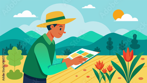 A farmer checks a data map before planting to determine the best areas for each crop variety based on factors such as sunlight soil quality and expected yields.. Vector illustration