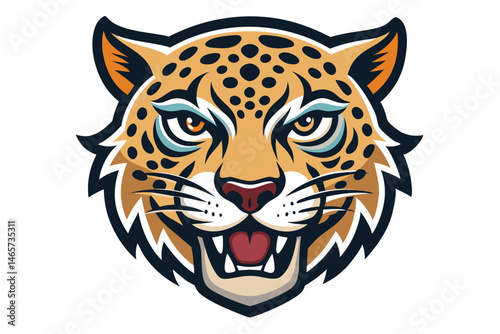 Fierce jaguar head roars openly, featuring distinct black spots and striking light blue eyes