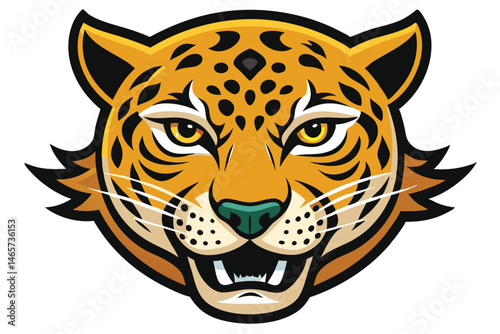 A fierce jaguar head with golden fur and striking eyes shows its sharp teeth