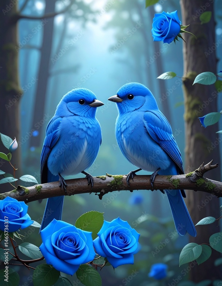 Obraz premium two blue birds birds on the branch in the forest, there are blue roses around them