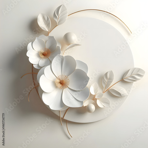 Minimalist 3D illustration of white paper flowers with golden stems and leaves, arranged in an elegant circular frame on a soft light background. Perfect for decor or luxury design.