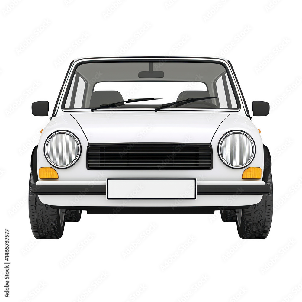 Naklejka premium Classic white car is shown from front view, featuring round headlights and simple grille design. vintage style evokes nostalgia and charm