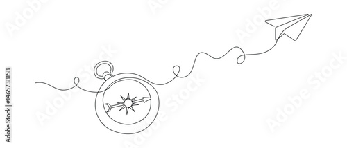 Traveller compass and paper plane in one continuous line drawing. Map guide and new adventure symbol in simple linear style. Business strategy concept in editable stroke. Doodle vector illustration