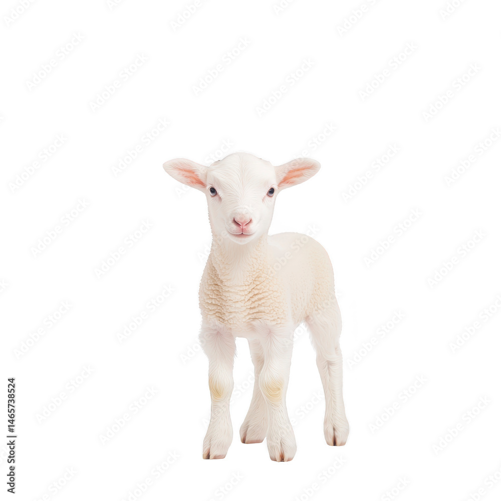 Fototapeta premium Cute, fluffy white lamb stands against plain background, showcasing its soft wool and innocent expression. lamb ears are perked up, adding to its adorable appearance
