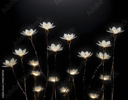 Minimalist 3D illustration of white paper flowers with golden stems and leaves, arranged in an elegant circular frame on a soft light background. Perfect for decor or luxury design.